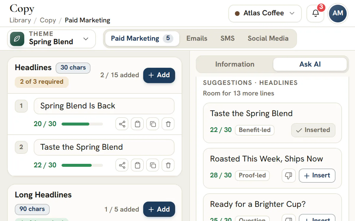 Ask AI drafts on-brand copy variations for a client's theme.