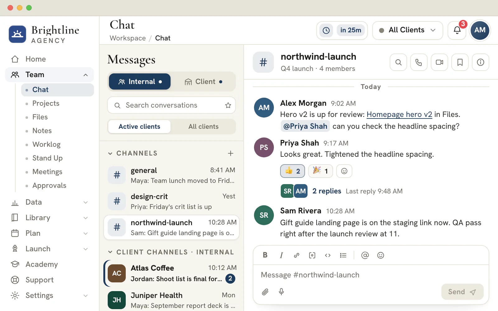A team chat channel with a thread, reactions and a shared file