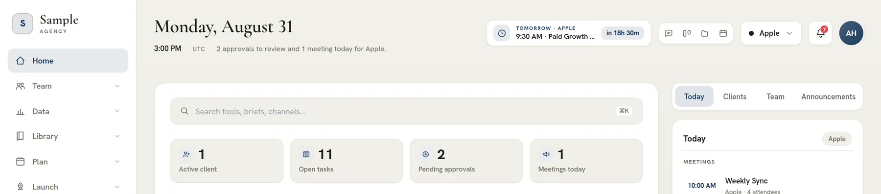 The agency operations home launcher in the AI Marketing Dashboard console — a live date and clock heading, a next-meeting countdown, the client switcher and a stat band of active clients, open tasks, pending approvals and meetings today