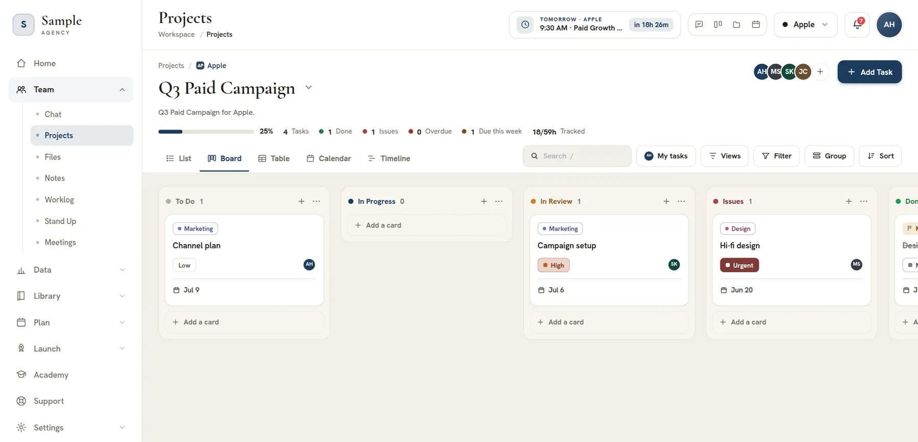 A client project on the Projects board in the console, with status columns for To Do, In Progress, In Review, Issues and Done